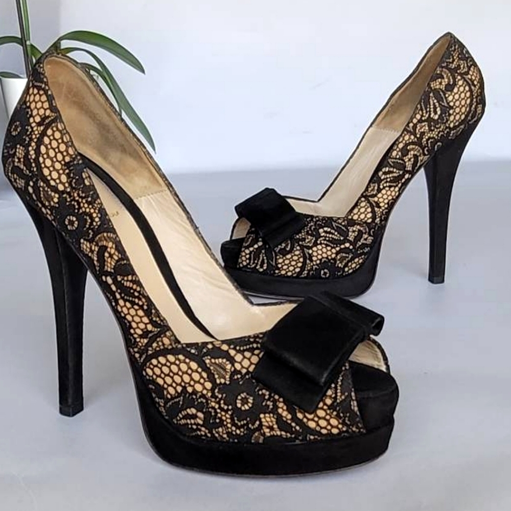 Fendi Pumps Black Lace Platform Peeptoe 38